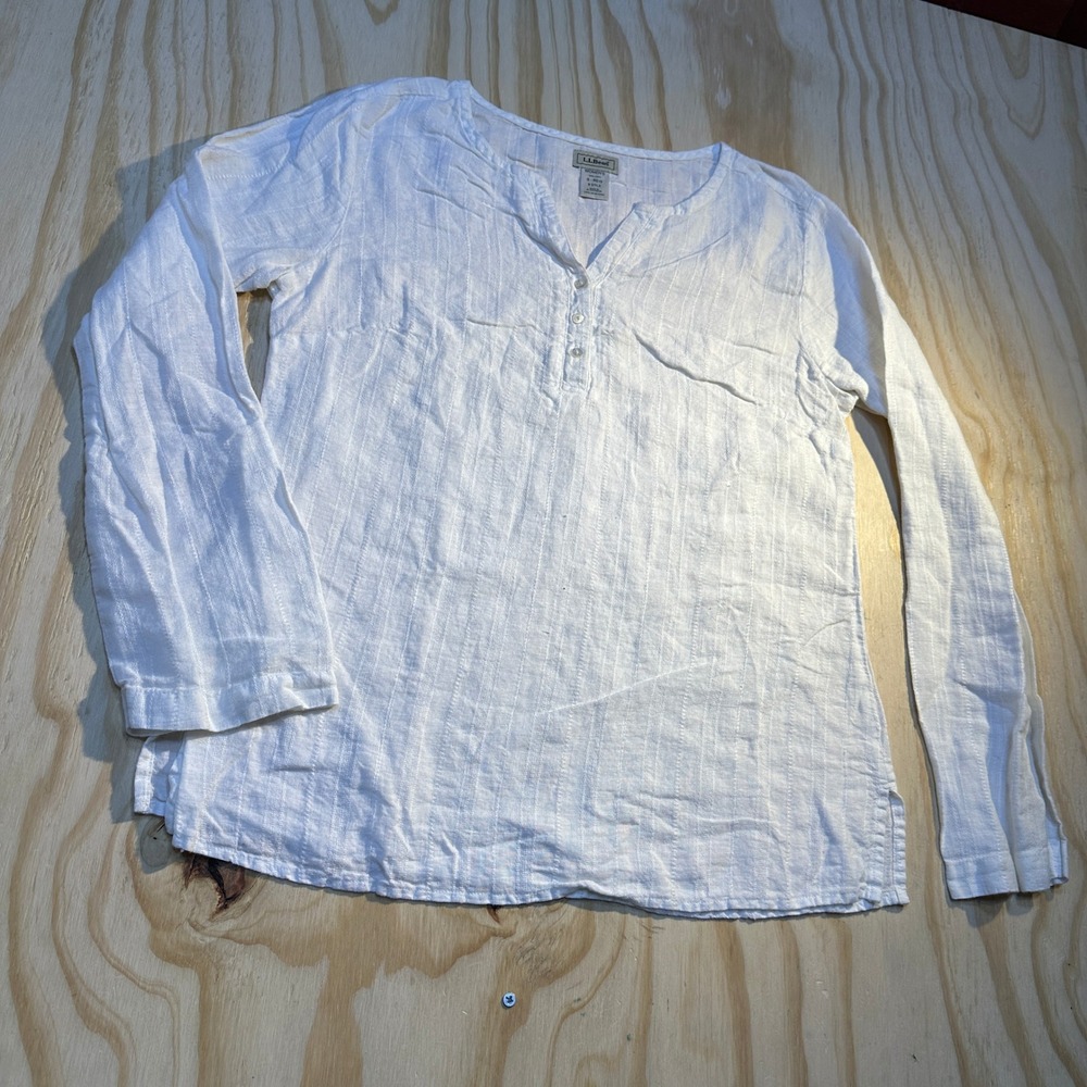 LL Bean Womens Small White 100% Linen Henley Long Sleeve Textured Stripe Top